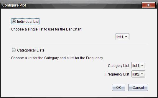 Kun muutat listakuvion asetuksia kuvaajanäkymästä ja vaihdat sen jälkeen pylväskaavioesitykseen, ohjelmisto pyytää valitsemaan pylväskaaviossa näytettävät listat.