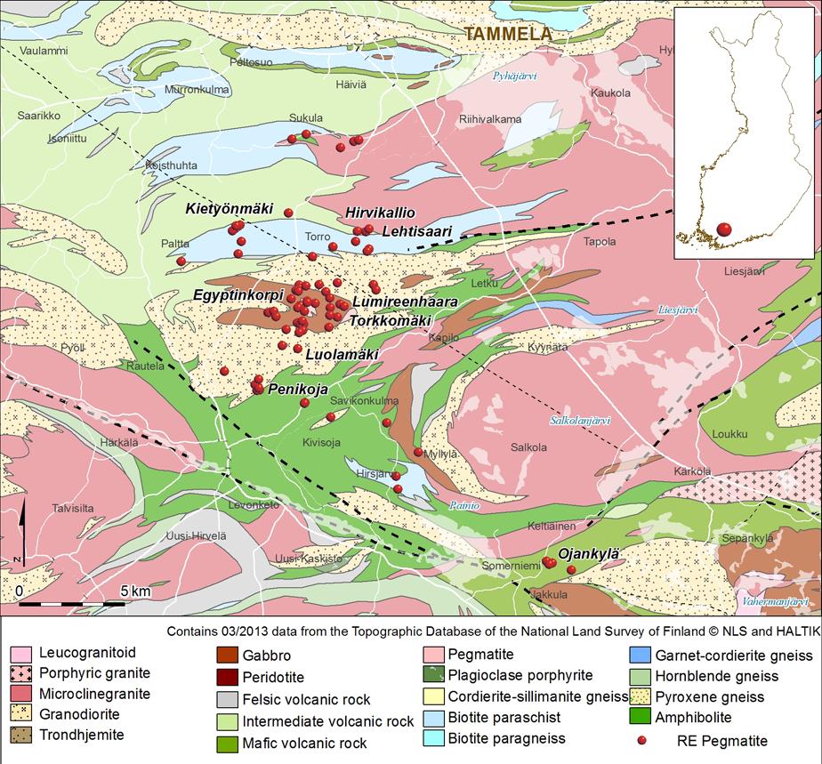 GEOLOGIAN TUTKIMUSKESKUS 4 17.12.2015 Kuva 2. Somero-Tammela alueen tunnetut RE-pegmatiitit, joista litium-pitoiset on nimetty. 3.