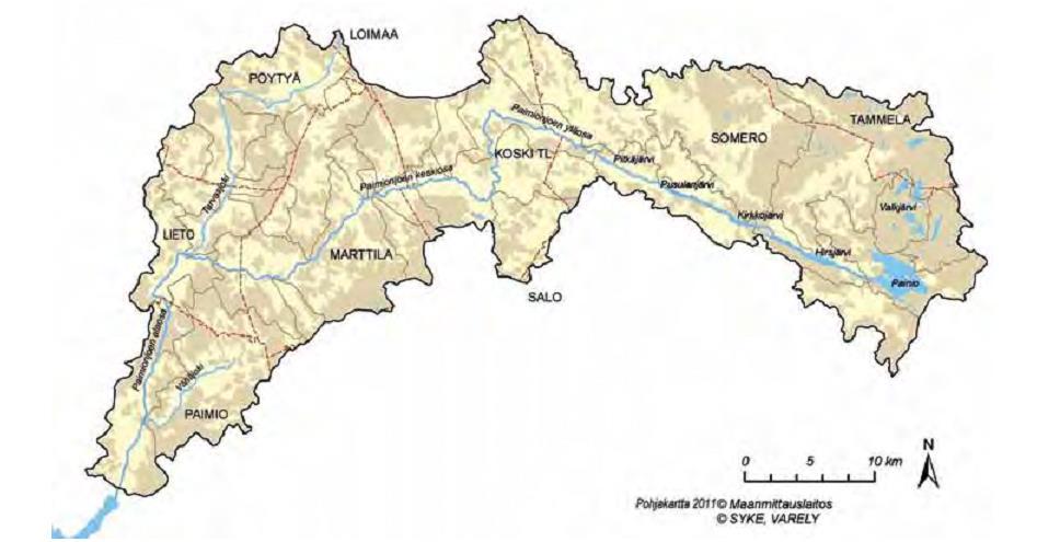 Kuva 1. Paimionjoen valuma-alue. Paimionjoki-yhdistys perustettiin 2010 Paimionjoen vesistön alueen kuntien ja muiden yhteisöjen kesken.