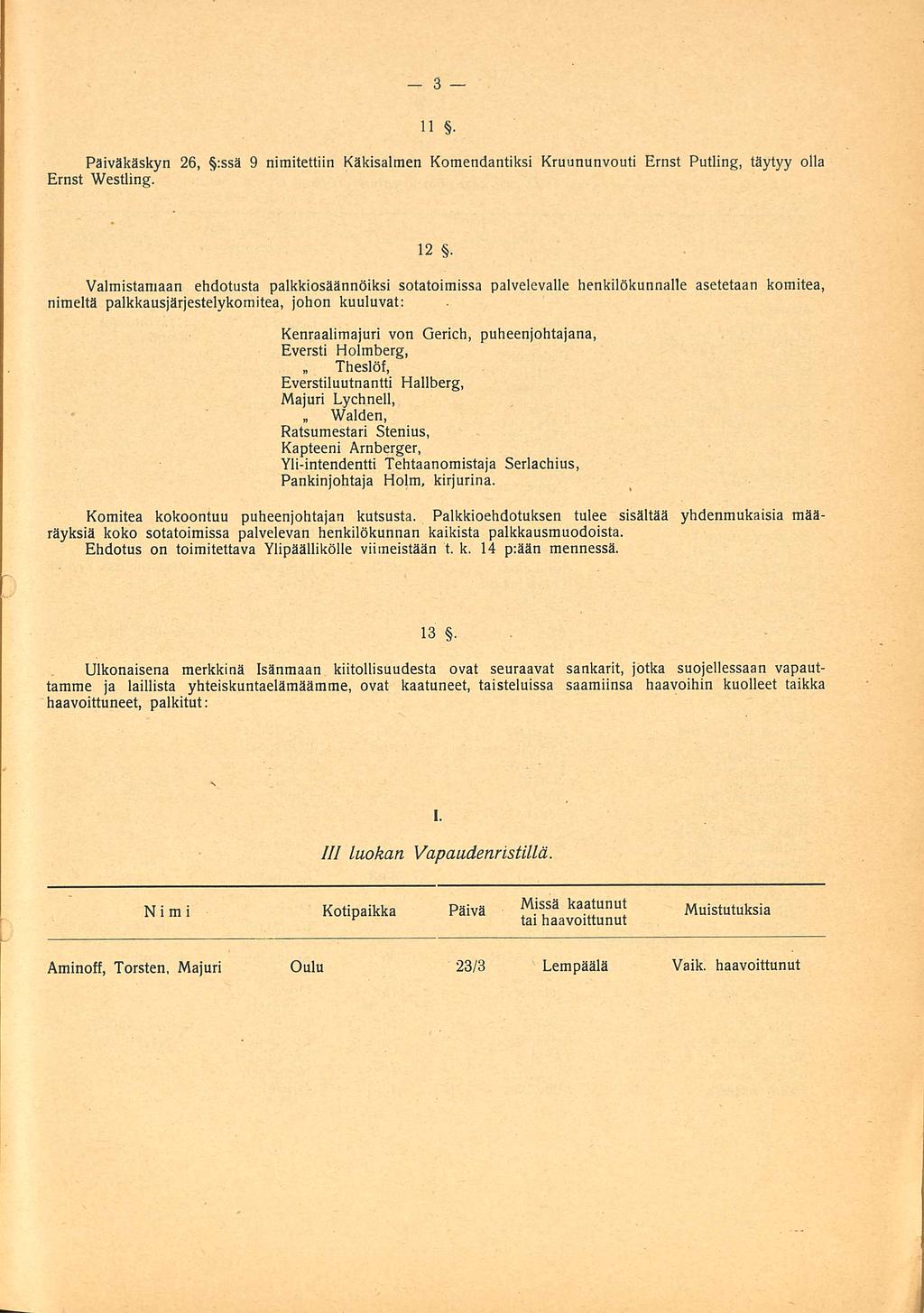 H Päiväkäskyn Ernst Westling. 26, :ssä 9 nimitettiin Käkisalmen Komendantiksi Kruununvouti Ernst Putling, täytyy olla 12.