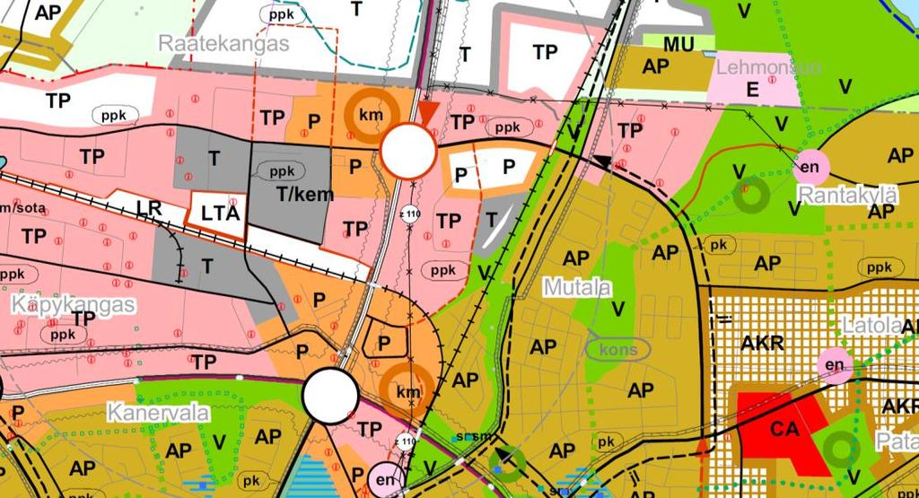 Ote Pohjois-Karjalan maakuntakaavan yhdistelmäkaavakartasta (vaiheet 1.-4.). (Pohjois- Karjalan liitto). Myymälähankkeen likimääräinen sijainti on osoitettu punaisella pisteellä.