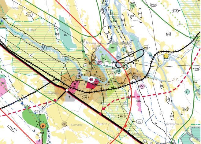 4 SUUNNITTELUTILANNE 4.1 Kaava-aluetta koskevat suunnitelmat, päätökset ja selvitykset 4.1.1 Maakuntakaava Kuva 5. Ote maakuntakaavasta. Valkoinen rengas kuvaa suunnittelualueen sijaintia.