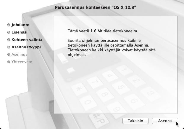 MAC OS X 7 8 Näytölle tulee nyt lisenssisopimus. Varmista, että ymmärrät lisenssisopimuksen sisällön ja napsauta [Jatka]-painiketta. Näytöllä näkyy kysymys, hyväksytkö lisenssisopimuksen ehdot.