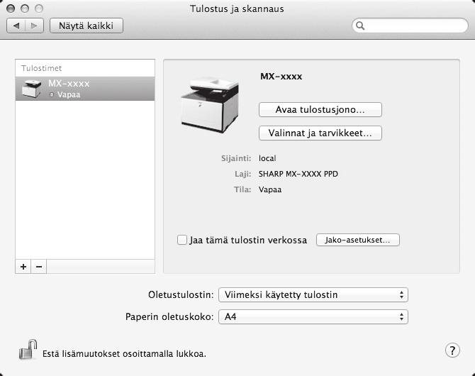 (1) SHARP XX-xxxx (2) XX-xxxx XX-xxxx (1) (2) XX-xxxx XX-xxxx SHARP XX-xxxx PPD (3) (4) XX-xxxx (3) (1) Osoita [Oletus]-kuvaketta. Jos käytössä on Mac OS X v10.4, osoita [Oletusselain]-kuvaketta.