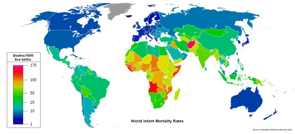Globaalit imeväiskuolleisuuden erot ovat valtavat (WHO 2008) Imeväiskuolleisuus: (infant