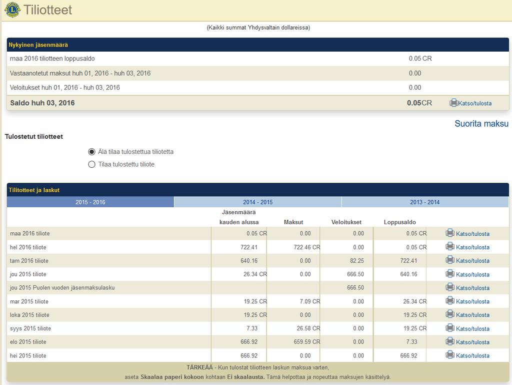 Rahastonhoitaja Sivu 6 / 15 5 Tiliote Tiliotteen yläreunassa näet klubisi nykytilanteen. Kunkin kuukauden tiliotteen voit katsoa valitsemalla Katso/tulosta kyseisen kuukauden kohdalla. Huom!