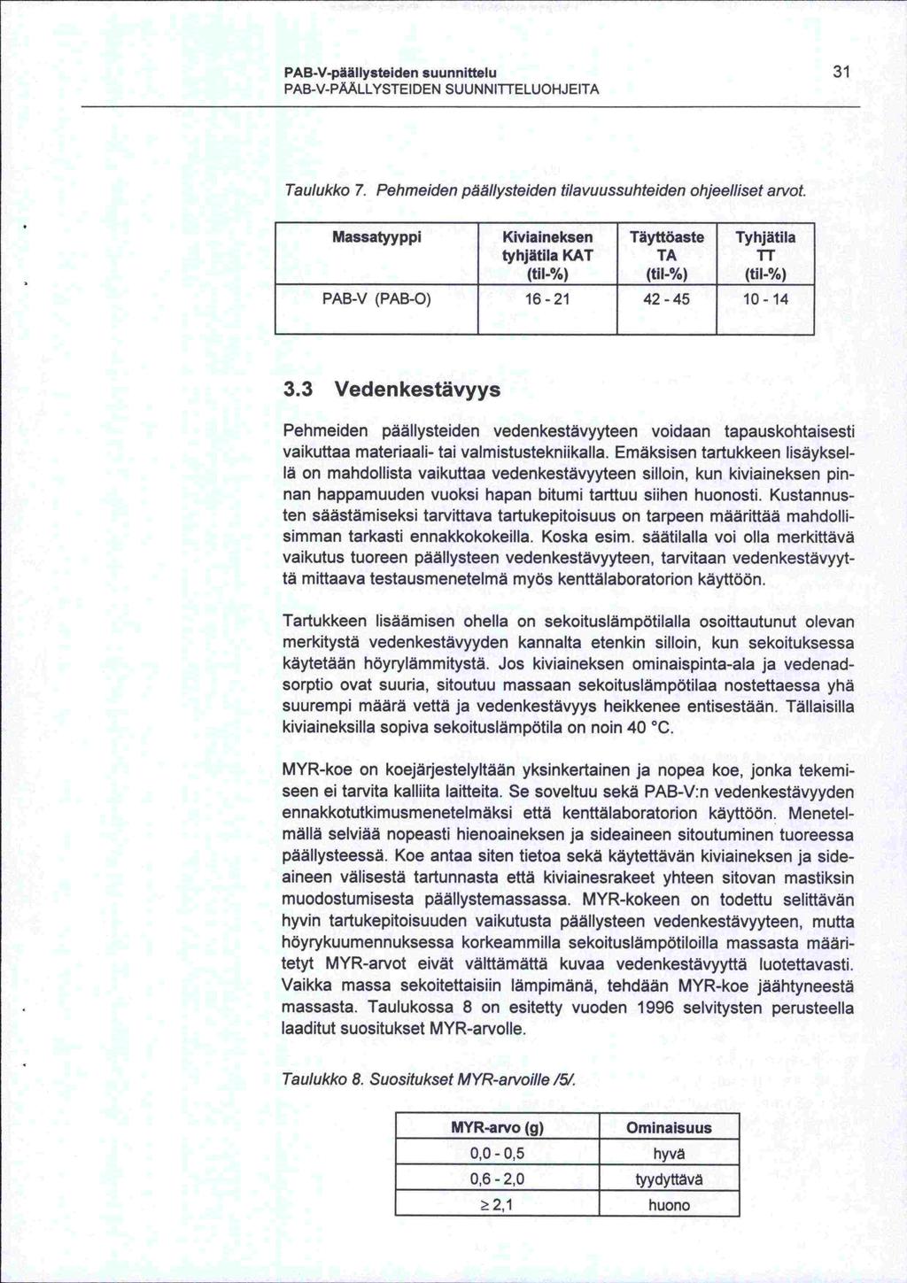 -tä PAB -V-päällysteiden suunnittelu 31 PAB-V- PÄLLYSTEIDEN SUUNNITTELUOHJEITA Taulukko 7. Pehmeiden paa/lyste/den tila vuussuhteiden ohjeelliset arvot.