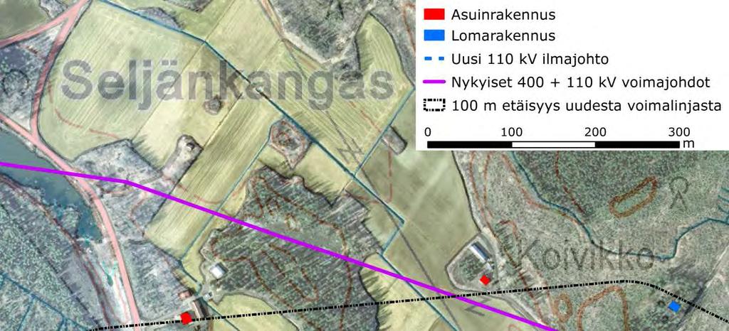 168 Kattiharjun tuulivoimapuisto FCG SUUNNITTELU JA TEKNIIKKA OY Alle 100 metrin etäisyydelle suunnitellusta voimajohdosta sijoittuu 5 asuinrakennusta, joista lähin sijoittuu reitin loppupäähän,
