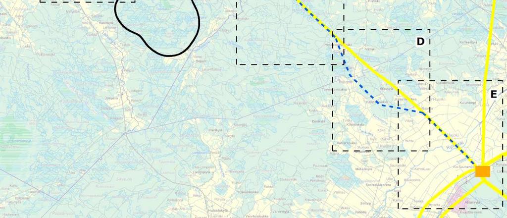 Ilmajohto sijoittuisi noin 14 km matkalla olemassa olevien 400 kv:n ja 110 kv:n voimajohtojen viereen ja noin 20 km matkalla täysin uuteen johtokatuun.