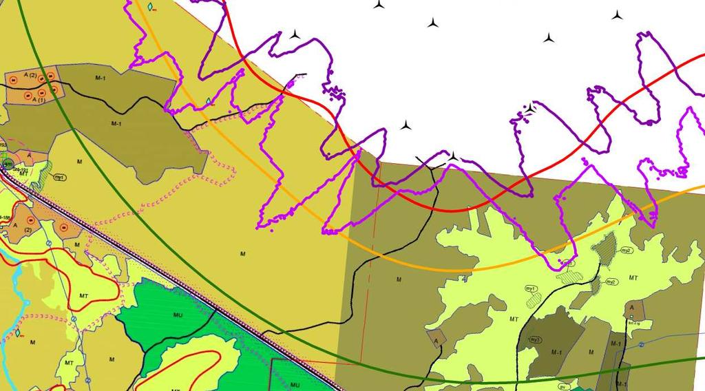 3) Tarkasteltaessa vaikutuksia maankäyttöön lainvoimaisten yleiskaavojen kannalta, voidaan todeta, että hankevaihtoehdossa 1 jää 40 db meluraja noin 500-800 metrin etäisyydelle lähimmistä
