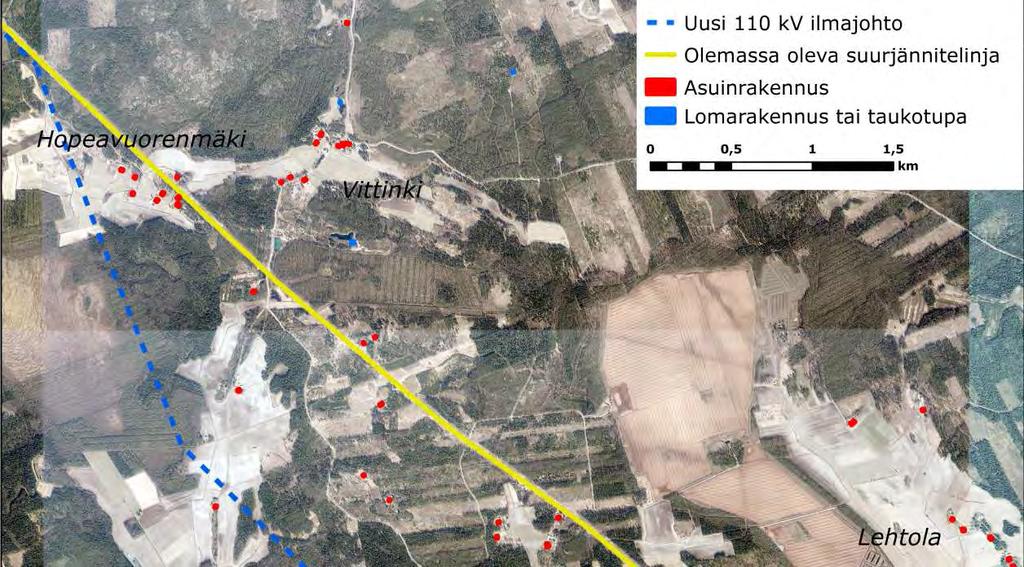 160 Kattiharjun tuulivoimapuisto FCG SUUNNITTELU JA TEKNIIKKA OY Kuva 10.6. Uusi 110 kv voimajohto kiertää asutuksen