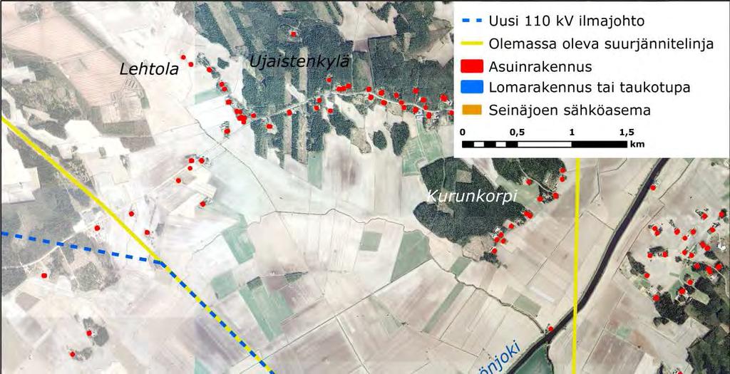 FCG SUUNNITTELU JA TEKNIIKKA OY Kattiharjun tuulivoimapuisto 161 Kuva 10.7. Uuden 110 kv voimajohdon loppuosa sijoittuu olemassa olevaan johtokatuun, laajojen peltoalueiden keskelle.