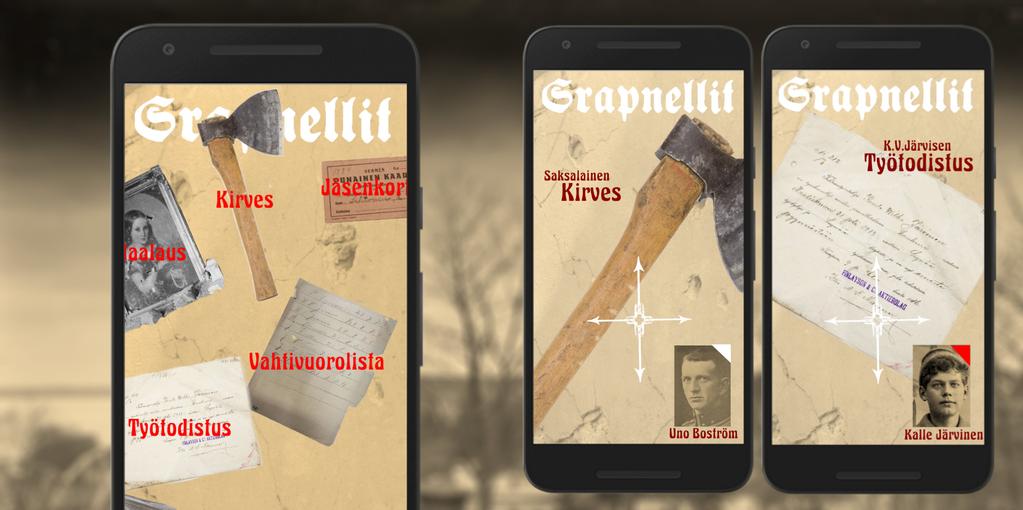Työsuunnitelma Arkistotutkimus ja käsikirjoittaminen Srapnellit-peliä varten ovat käynnistyneet kesällä 2016 AVEKin ja Tiedonjulkistamisen Neuvottelukunnan apurahoilla.