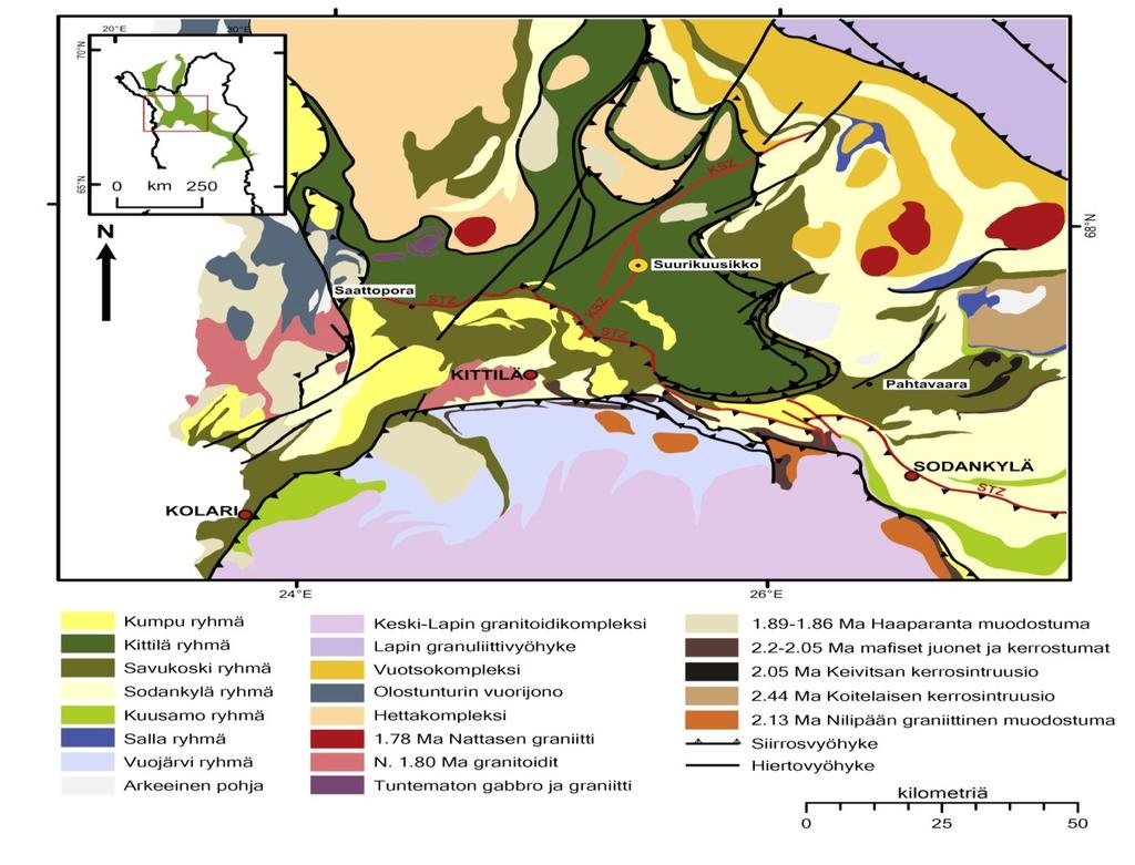 17 välillä on havaittavissa selkeä korrelaatio (Aho 2009). Suurikuusikon mineralisaatio breksioitui ja poimuttui lisää hierron jälkeen (Parkkinen 1997a).