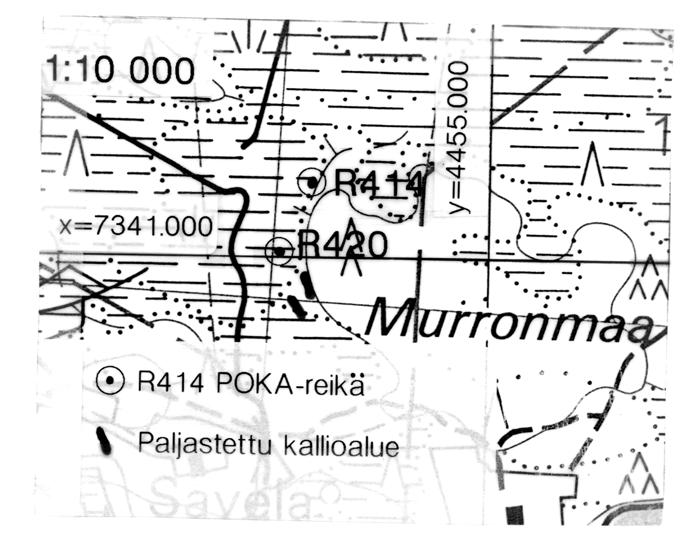 Kuva 1. Murronmaan paljastettujen kallioalueiden ja POKA-reikien sijainti. Aiheen arviointi Kullan huippupitoisuudet rajoittuvat melko tiukasti voimakkaimmin radioaktiivisiin osiin.