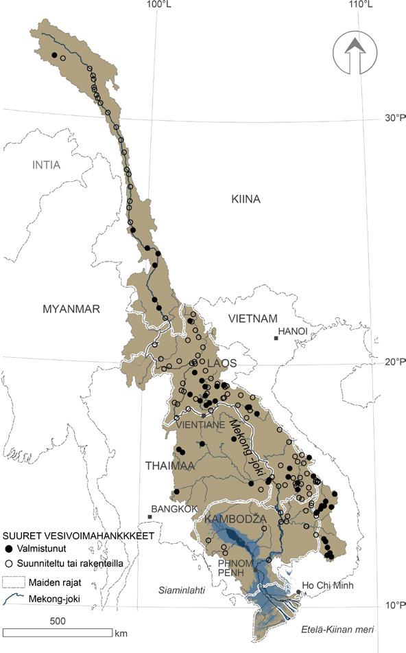 MAAILMAN VEDET puolella Mekong-jokea. Nuozhadun pato on 262 metriä korkea, vesivoimakapasiteetti 5 850 MW ja säännöstelyvara 12.3 km³.