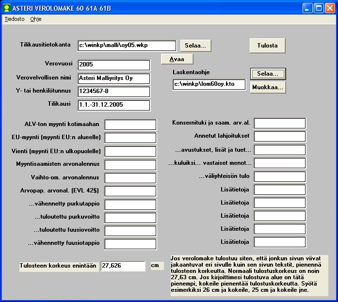 4/12 Asteri Windows Verolomake - Käyttöohje 3 OHJELMAN KÄYTTÖ Tilikausitietokanta-kohtaan syötetään sen Asteri Windows-Kirjanpito -ohjelmalla tuotetun kirjanpitoaineiston nimi, joka sisältää halutun