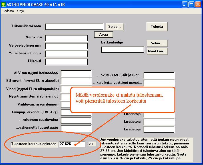 Asteri Windows Verolomake Käyttöohje 5/12 Lomake tulostuu aina senttien tarkkuudella ja ohjelma olettaa kirjanpitoaineiston olevan euromääräinen. Tuloslaskelman erittelytiedot syötetään käsin.