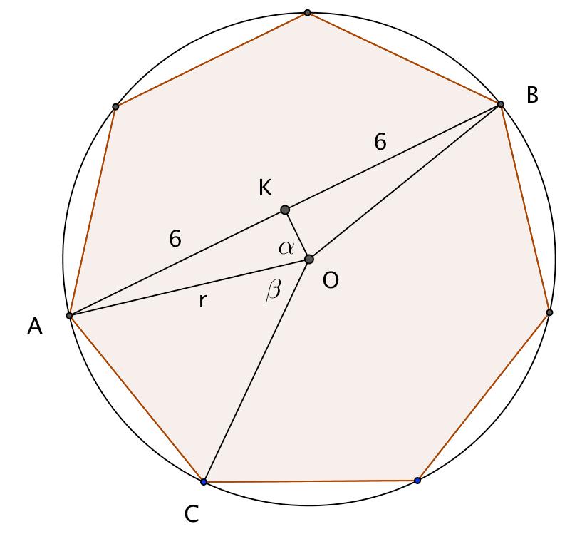 Keskuskolmion AOC pinta-ala @ = 3 # ;# sin., missä. =? 7. Kolmiosta AOK saadaan sin * = 6 ; ja edelleen ; = 6 sin *, missä * = 3? 7. Seitsenkulmion pinta-ala on siten 7@ = l # ;# sin.