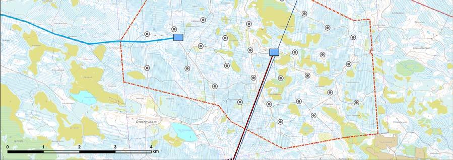 Pahkakosken tuulivoimapuiston pesimälinnustoselvitysten pistelaskentapisteiden (harmaa pisteympyrä) sekä muutontarkkailupaikkojen (punainen neliö) sijoittuminen. 3.2.