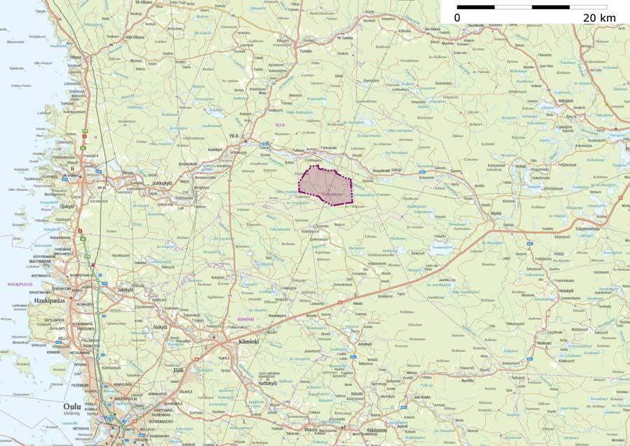Iin Pahkakosken tuulivoimapuisto 5 (56) 2 HANKEALUE JA HANKKEEN KUVAUS 2.1 Sijainti ja alueen kuvaus Hankealueen koko on noin 2550 ha.