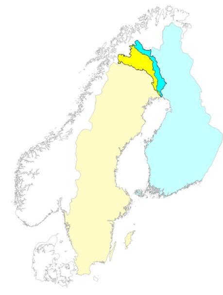 Torne Älv Total area 40 157 km 2 From alpine to coastal areas climate gradient Sensitive environment 60% in Sweden, rest in Finland, small areas in Norway No regulation or