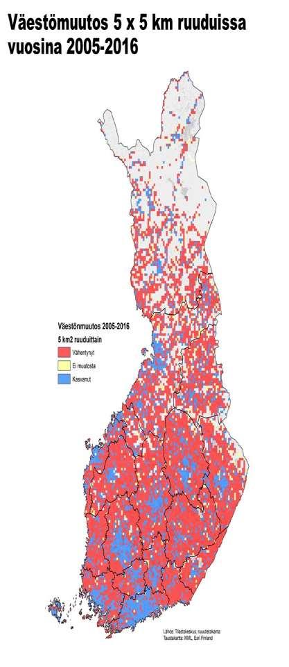 VÄESTÖMUUTOS 5 X 5 KM RUUDUISSA VUOSINA 2005-2016 FAKTALAATIKKO Graafi kuvaa Suomen maapinta-alan 5 x 5 kilometrin ruutuja neljällä eri ulottuvuudella Siniset ruudut kuvaavat alueita, joissa