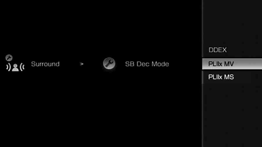 4 Valitse SB Dec Mode painamalla toistuvasti V/v, ja paina sitten. 5 Valitse surroundtakadekoodaustila painamalla toistuvasti V/v ja paina sitten.
