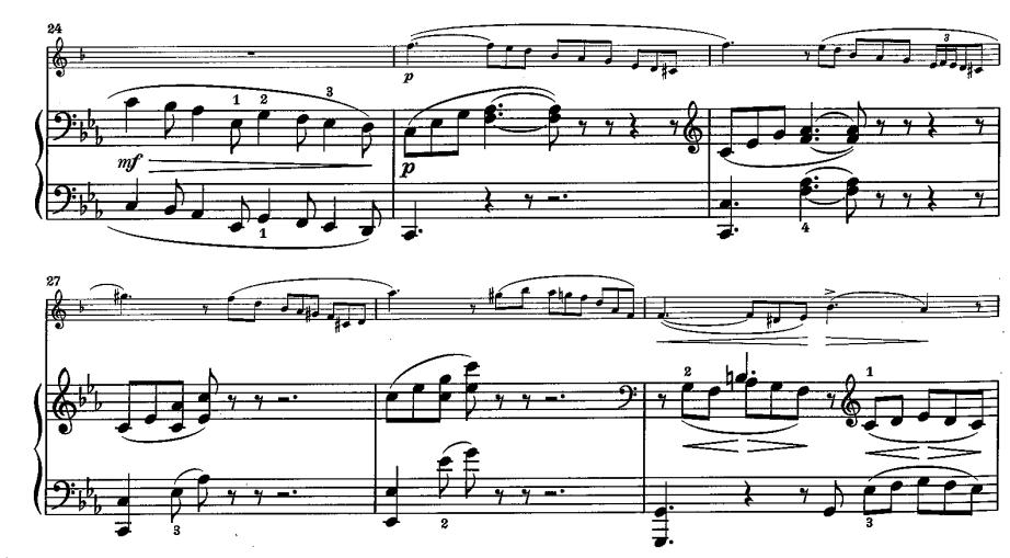 Pianon soolon (tahdit 23-24) jälkeen alkaa sivuteema c-mollissa. Tunnelma muuttuu intohimoisemmaksi ja myrskyisäksi (Kuva 3). 11 Kuva 3. Saint-Saëns: Sonaatti klarinetille ja pianolle.