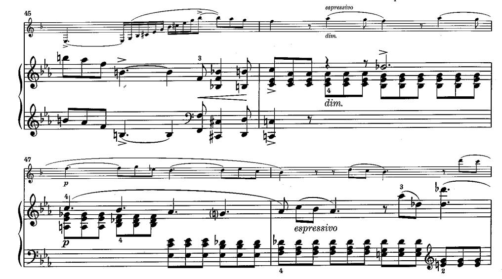 12 Kuva 5. Saint-Saëns: Sonaatti klarinetille ja pianolle. Allegretto, tahdit 45-48. Osan edetessä teema kehittyy hieman mutta materiaali pysyy kokoajan samana ja hiljalleen osa hiipuu kohti loppua.