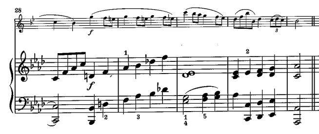 Teema loppuu tahtiin 13, jonka jälkeen se heti toistuu mutta tällä kertaa mollissa. Kuva 7. Saint-Saëns: Sonaatti klarinetille ja pianolle. Allegro animato, tahdit 1-11.