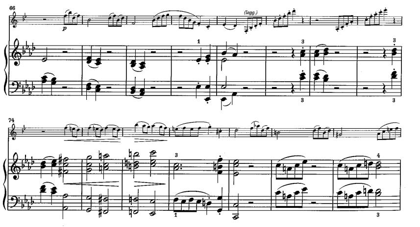 Jakso alkaa Des-duurissa mutta teeman edetessä esiintyy jatkuvasti uusia modulaatioita. Kuva 9. Saint-Saëns: Sonaatti klarinetille ja pianolle.