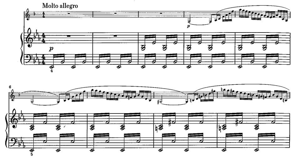 17 3.4 Molto allegro Allegretto Virtuoottinen neljäs osa Molto Allegro alkaa attacca heti kolmannen osan jälkeen luoden suuren kontrastin tunnelmien välille.
