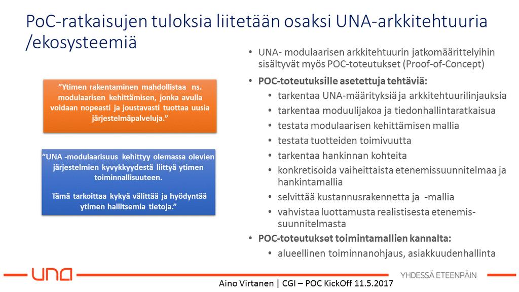 1.2 PoC-toteutusten tavoite UNA-ekosysteemille Tavoitteeksi asetettiin liittää PoC-toteutuksista saatuja tuloksia ja vielä avoimia kysymyksiä osaksi UNAarkkitehtuuria ja ekosysteemiä sekä arvioida