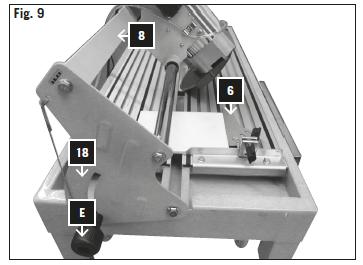 Push the machine head (1) slowly and evenly by the handle (11) forward through the tile. 9. Switch the machine off after reaching the end. 45 diagonal cutting 1. Set angled stop (6) to 45.