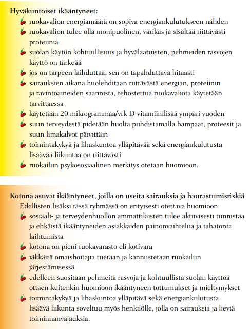asuvillakin iäkkäillä. Huomioitava on kuitenkin ikääntyneen omat toiveet ja avun tarve ruokailussa. Ravitsemussuositukset ovat esitetty kuvassa 1 ja 2.