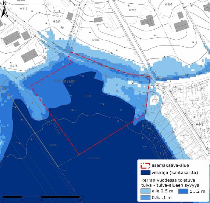 Ote meritulvaselvityksestä (FCG 2012). Kerran vuodessa (1/a) toistuva meri-tulva - tulva-alueen peittävyys sekä tulva-alueen vesisyvyys. Kaavan muutosalue on esitetty punaisella katkoviivalla. 6.
