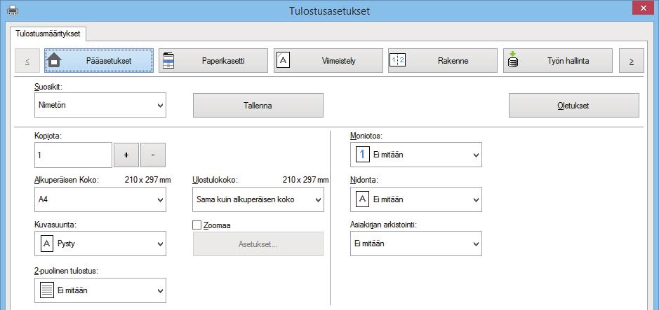 Hyödyllisiä vinkkejä Usein käytettyjen tulostustapojen pikaopas (3) (1) (2) Output Alkuperäisten suunta Tason tyyppi Paperitaso Tulostustulos Tulostuspuoli Ajurin asetus Kaksipuolinen tulostus A A