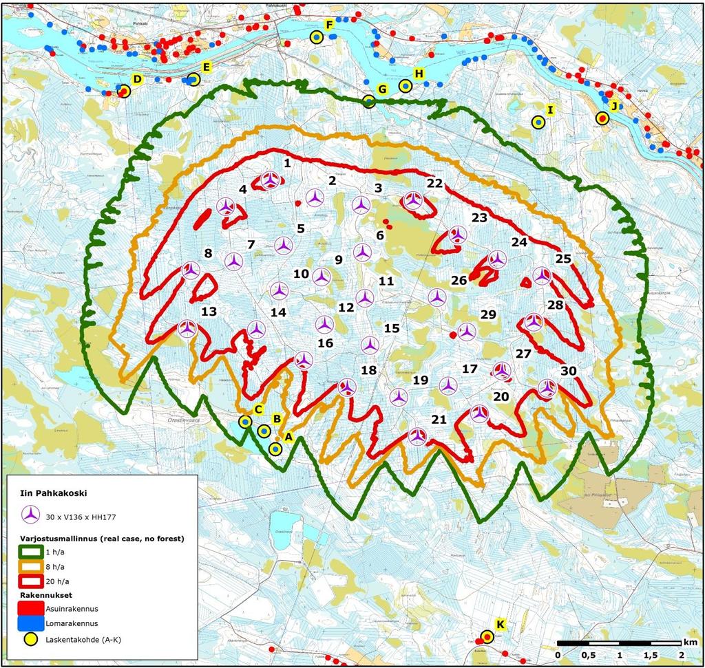 FCG SUUNNITTELU JA TEKNIIKKA OY Melu- ja varjostusmallinnukset 10 24) 31.5.2017 Rakennuskohtaiset matalataajuiset äänitasot lähimpien rakennusten osalta on esitetty liitteessä 2.