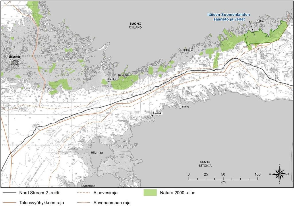 6 2. ARVIOITAVAN HANKKEEN KUVAUS NSP2 putkilinjan reitti ja tässä Natura-arvioinnin tarveharkinnassa käsiteltävä Itäisen Suomenlahden saariston ja vesien Natura-alueen sijainti on esitetty kuvassa