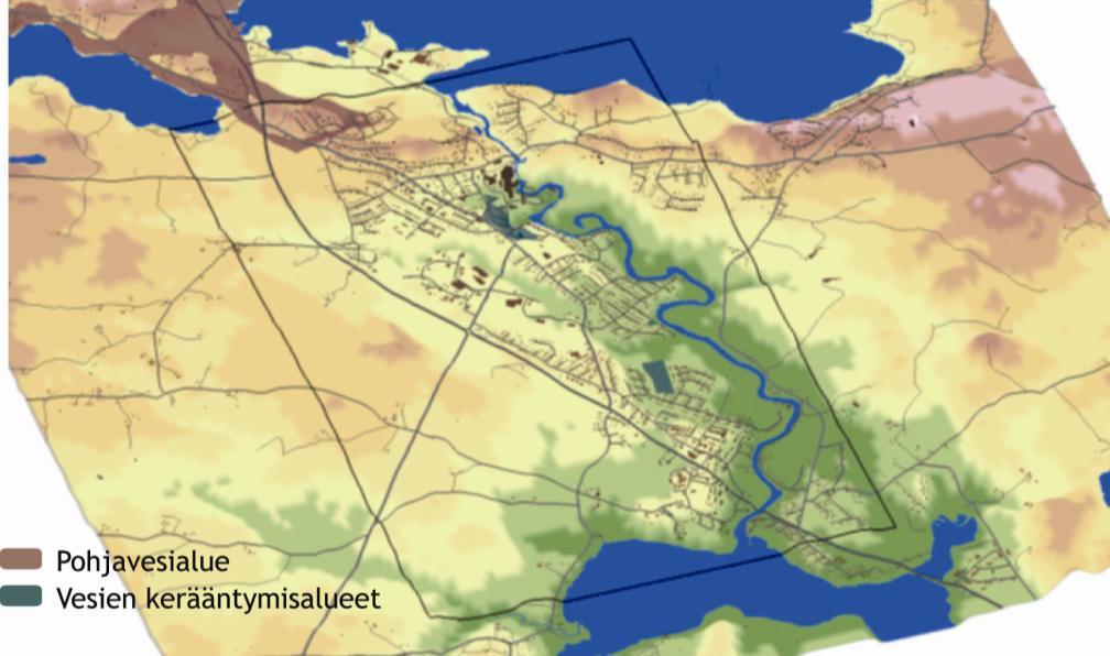 51 Kartta 5. Tarkasteltava alue ja pohjavesialue. Kartan laatinut Paula Hautamäki lähteen Maa- ja mittauslaitos 2013 avulla.