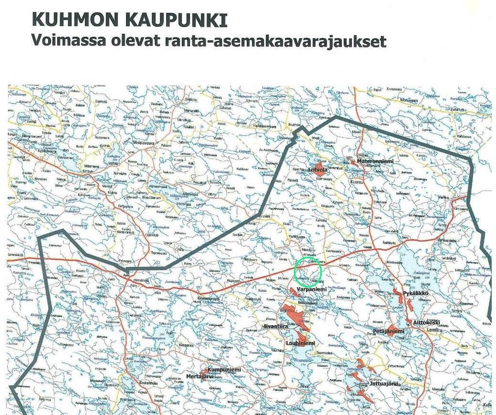 Rantakaavatilanne lähistöllä on esitetty oheisella kartalla. Kuva 12 Lähialueen ranta-asemakaavatilanne Kuhmon kaupunginvaltuuston hyväksymä rakennusjärjestys on hyväksytty valtuustossa 26.8.2008 48.