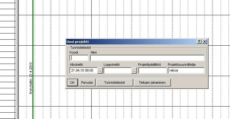 Alussa syötetään projektin perustiedot.