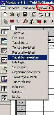 4.4 Tapahtumien lisääminen tehtäville Tarvittaessa tehtäville voidaan liittää erilaisia tapahtumia kuvaamaan tehtävän suorittamisen liittyviä lupia, kokeita, toimituksia, tarkastuksia tai muuta