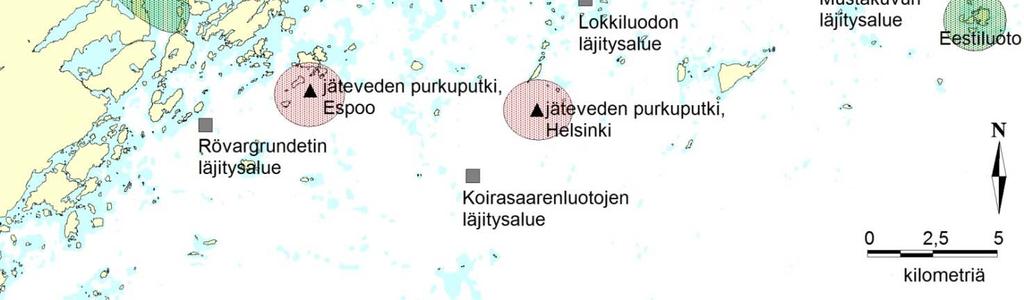 .2.1.2 Ulkosaariston pyyntialueet Purkuputkien pyyntialueet sisältävät kolme seurattavaa aluetta: 1) Helsingin jätevesien purkuputken ympäristö, 2) Espoon jätevesien purkuputken ympäristö ja 3)