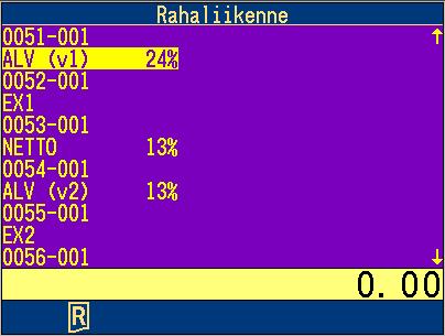 Liiku alaspäin nuolinäppäimellä, riville 0051-001 ja valitse kohta ALV.23% ALV. 23% ALV.24% 5.