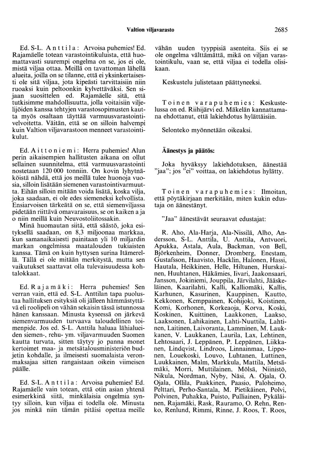 Valtion viljavarasto 2685 Ed. S-L. Antti 1 a: Arvoisa puhemies! Ed. Rajamäelle totean varastointikuluista, että huomattavasti suurempi ongelma on se, jos ei ole, mistä viljaa ottaa.