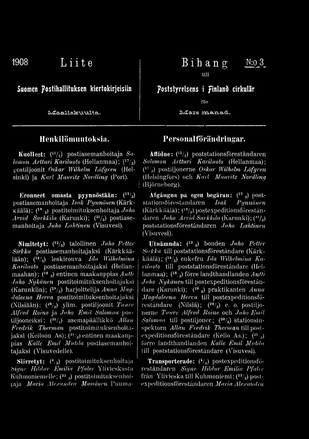 Juho Nykänen postitoimituksenhoitajaksi (Karunkiin); (28/3) harjoittelija Anna Magdaleena Harva postitoimituksenhoitajaksi (Nilsiään); (28/;)) ylim.