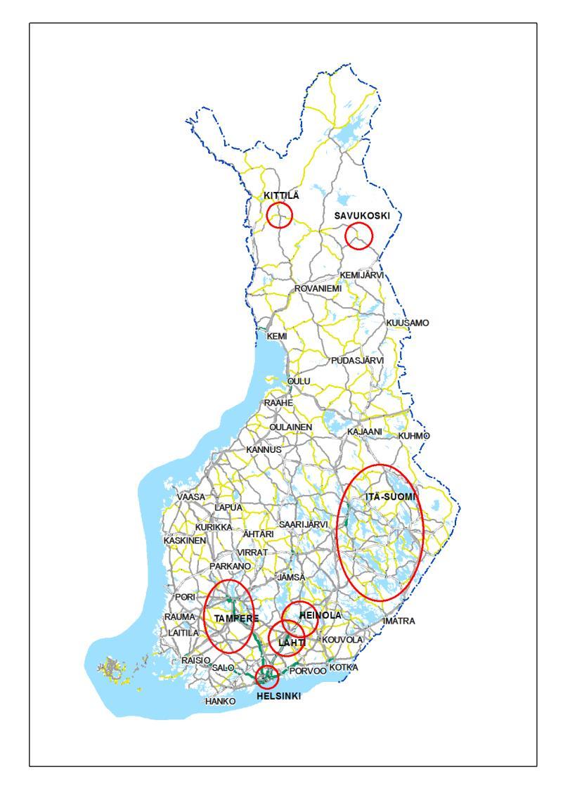 GEOLOGIAN TUTKIMUSKESKUS Kenttä-XRF-vertailututkimus 7 (http://projects.gtk.fi/asrocks) aineistoa. Tutkimusprojektien kohdealueet sijaitsevat eri puolilla Suomea (kuva 1).