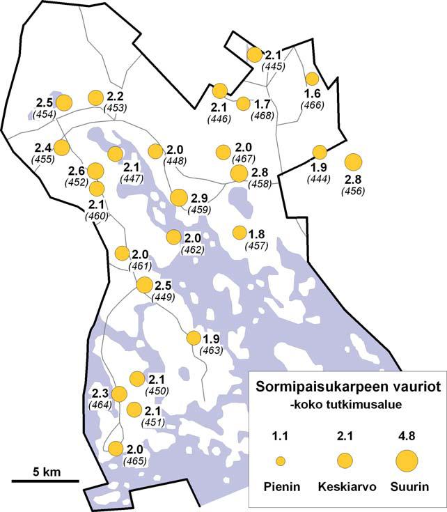Liite 1. Ilmanlaadun bioindikaattoriseuranta Pernajan kunnan alueella Pernajassa sĳaitsi 25 havaintoalaa, joista yhdeltä näytealalta kerä iin neulasnäyte.